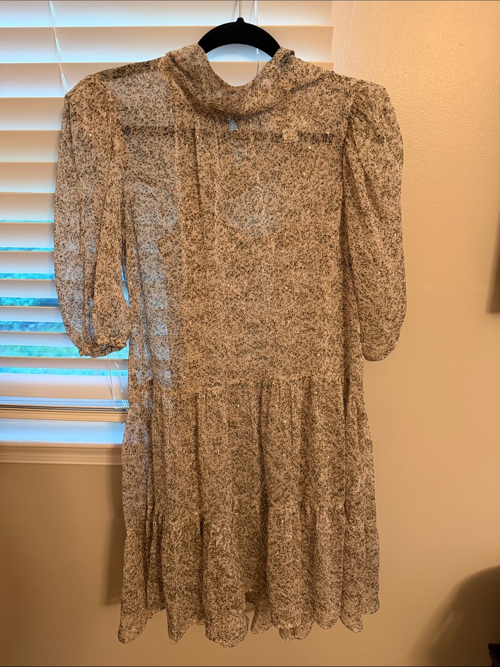 Sabina Musayev Cream Floral Tiered Puff Sleeve Dress